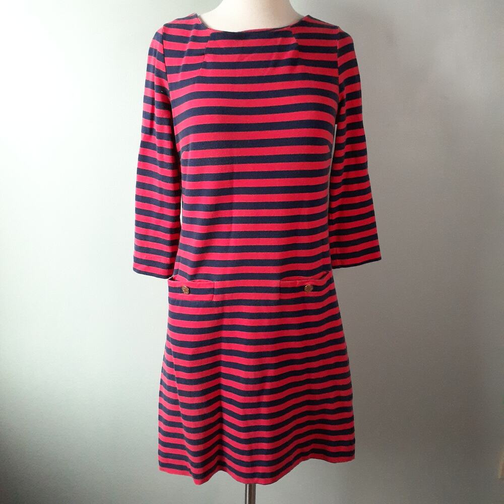 Lilly Pulitzer Red Navy Blue Stripe Long Sleeve Shift Knee Length Dress Size XS